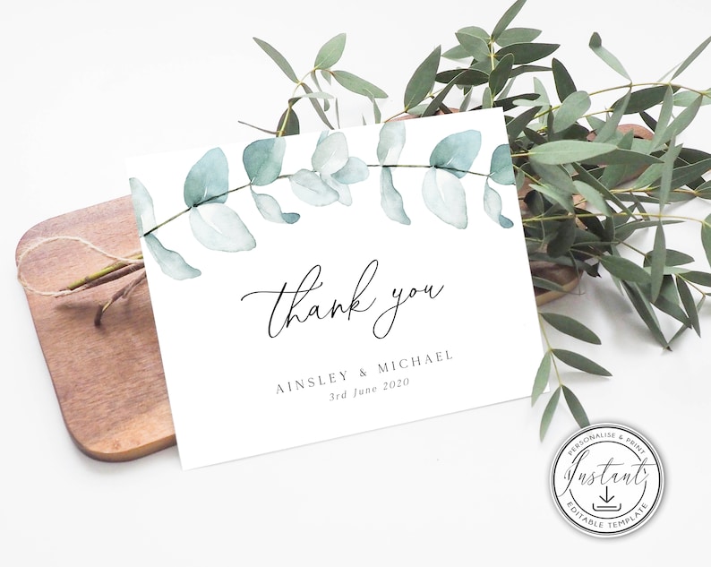 Rustic Wedding Thank You Notes Eucalyptus Wedding Thank You Folded Card Editable Template Watercolor Greenery Printable Cards Boho- BD94