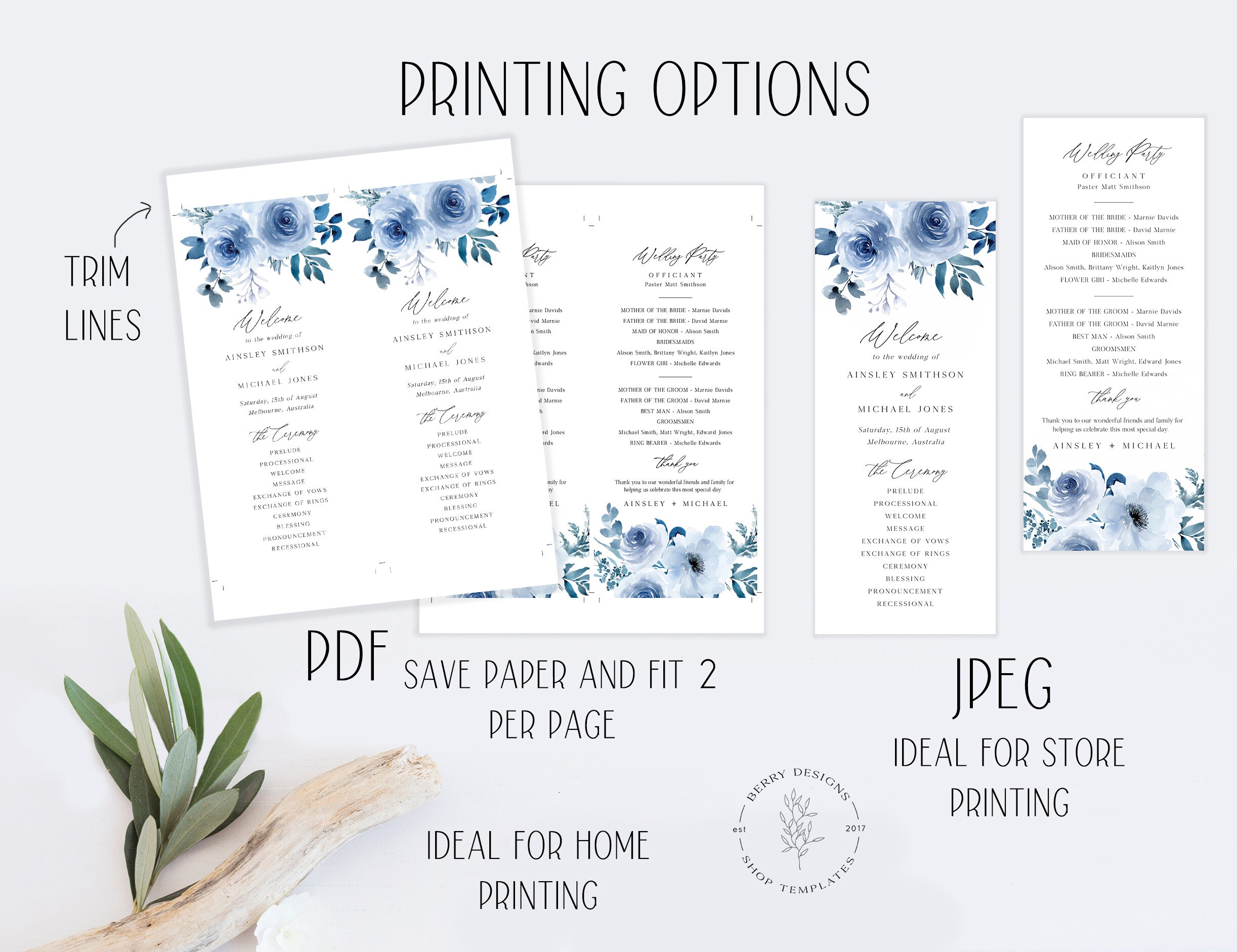 Dusty Blue Wedding Program Editable Template Modern Rustic - Etsy