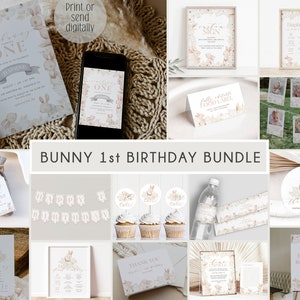 Bunny First Birthday Invitation Bundle, Somebunny is One, 1st Birthday Editable Templates, Bunny Decoration Set, Printable, Girl, BD157
