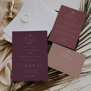 Modern Mauve Wedding Invitation Template, Monogram Wedding Invitation, Editable Modern Wedding Invite, Botanical Invite, Simple & Elegant image 8