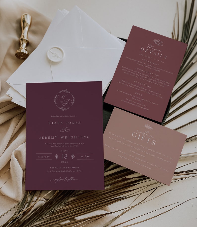 Modern Mauve Wedding Invitation Template, Monogram Wedding Invitation, Editable Modern Wedding Invite, Botanical Invite, Simple & Elegant image 8