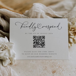 Elegante QR-code bruiloft RSVP-kaart, sjabloon online antwoordkaart, kalligrafie antwoordkaart, QR-kaart websitelink, afdrukbare antwoordkaart, rustiek #7