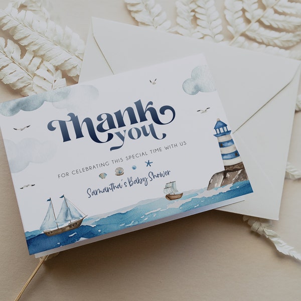 Nautical Thank You Card Template, Ahoy It's a Boy Thank You Card, Nautical Themed Printable Thank You Card, Ocean Thank You, Sailboat BD186