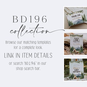 May include: A set of printable woodland-themed party signs for a first birthday. The signs feature a watercolour illustration of a forest with a tent, trees, and a campfire. The text on the signs includes "Thank You", "Devan is One Happy Camper", and "Welcome to Devan's First Birthday".