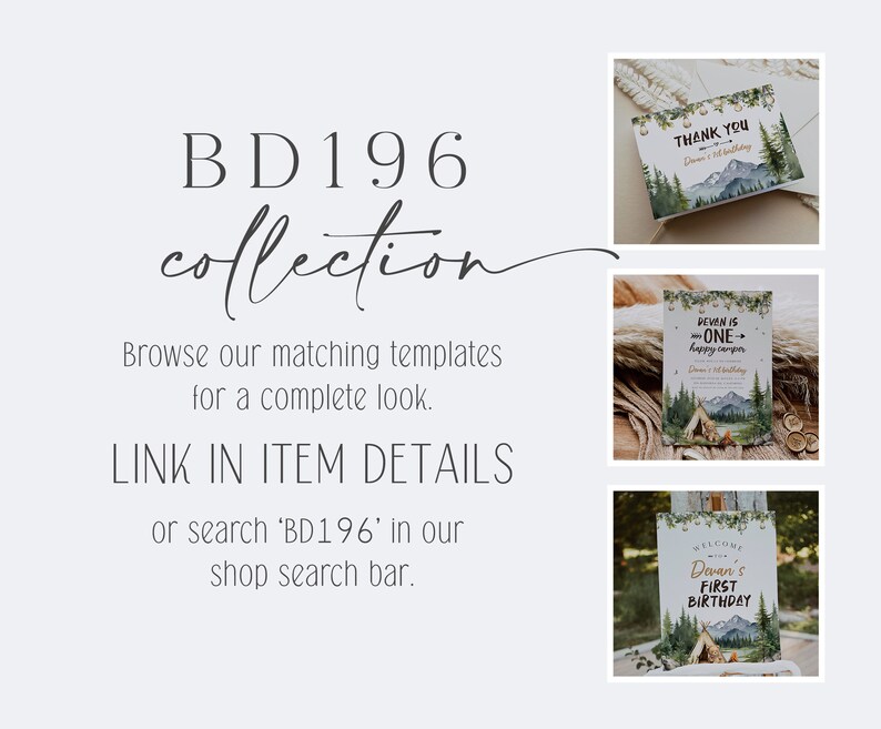 May include: A set of printable woodland-themed party signs for a first birthday. The signs feature a watercolour illustration of a forest with a tent, trees, and a campfire. The text on the signs includes "Thank You", "Devan is One Happy Camper", and "Welcome to Devan's First Birthday".