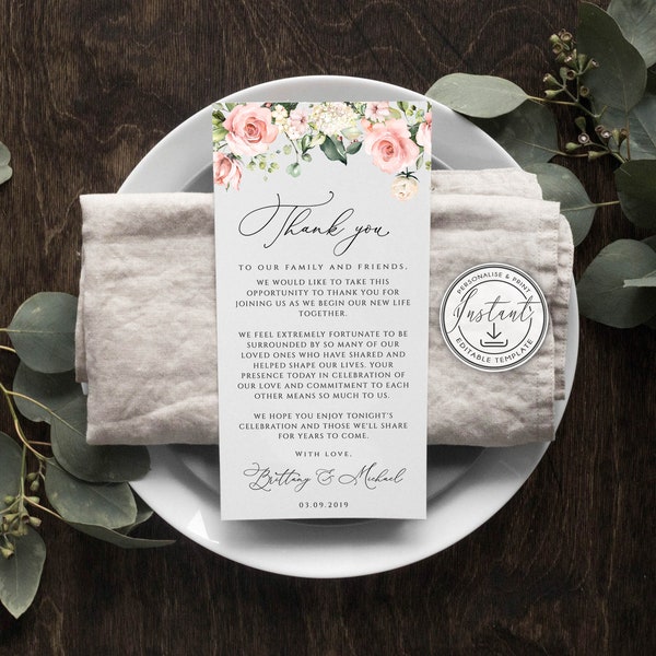 Blush Pink Wedding Thank You Note Template, Rustic Greenery, Roses Wedding Place Setting Thank You, Table Card, Editable,  BD54