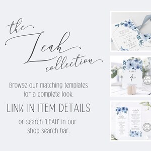 Puede incluir: Una colecci&oacute;n de papeler&iacute;a de boda con un dise&ntilde;o de acuarela con flores azules y vegetaci&oacute;n. La colecci&oacute;n incluye una invitaci&oacute;n, un n&uacute;mero de mesa y un men&uacute;. El texto en el n&uacute;mero de mesa dice "Mesa 4".