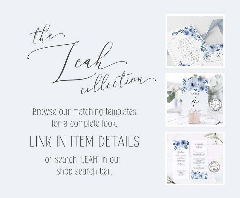 Puede incluir: Una colecci&oacute;n de papeler&iacute;a de boda con un dise&ntilde;o de acuarela con flores azules y vegetaci&oacute;n. La colecci&oacute;n incluye una invitaci&oacute;n, un n&uacute;mero de mesa y un men&uacute;. El texto en el n&uacute;mero de mesa dice "Mesa 4".