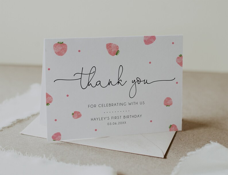 Strawberry Thank You Card Template Berry First Birthday Thank Etsy