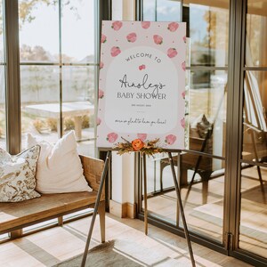 Strawberry Baby Shower Welcome Sign Template, Berry Sweet Baby Editable Welcome Signage, Printable Welcome Sign, Fruit Baby Shower, BD171 image 3
