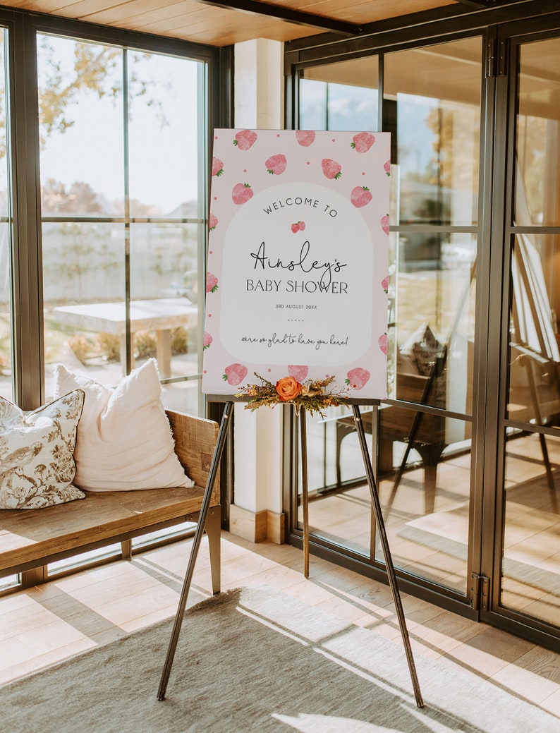 Strawberry Baby Shower Welcome Sign Template, Berry Sweet Baby Editable Welcome Signage, Printable Welcome Sign, Fruit Baby Shower, BD171 image 3