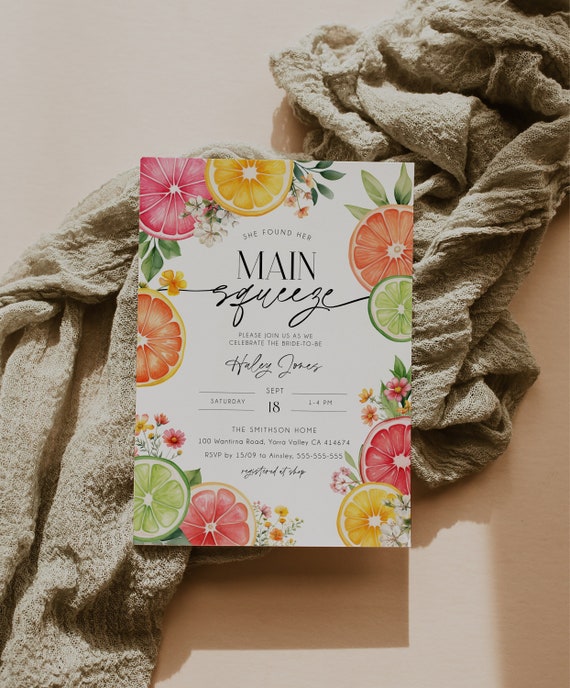 Main Squeeze Bridal Shower Editable Invitation, Citrus Bridal Shower Invitation, Citrus Themed Shower Invite, Printable Invite, Evite, BD204