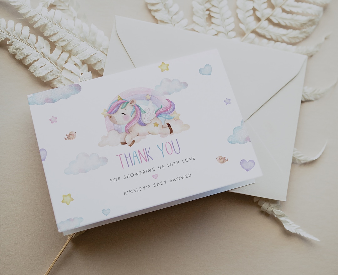 Unicorn Thank You Card Template, Rainbow Unicorn Baby Shower Card, Girl ...
