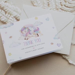 ユニコーンのサンキューカードテンプレート、レインボーユニコーンのベビーシャワーカード、女の子のベビーシャワー、ピンクと紫のベビーシャワー、印刷可能なサンキューカード、BD117