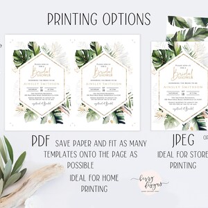 Puede incluir: Plantilla de invitaci&oacute;n imprimible para una despedida de soltera con tem&aacute;tica tropical. La invitaci&oacute;n presenta un hex&aacute;gono con detalles dorados y hojas verdes. El texto de la invitaci&oacute;n dice: "Por favor, &uacute;nase a nosotros para una despedida de soltera en honor a la futura novia Ainsley Smithson".