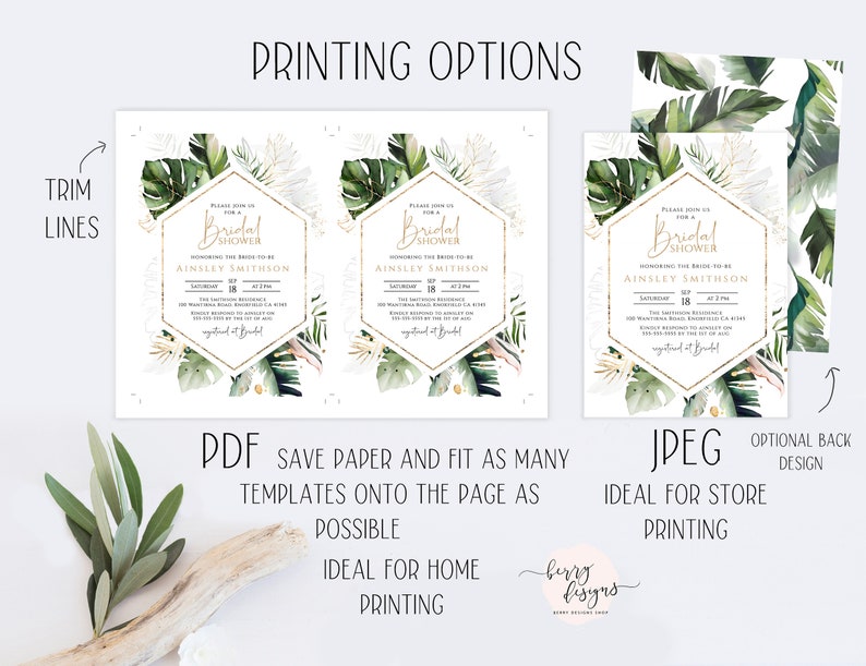 Puede incluir: Plantilla de invitaci&oacute;n imprimible para una despedida de soltera con tem&aacute;tica tropical. La invitaci&oacute;n presenta un hex&aacute;gono con detalles dorados y hojas verdes. El texto de la invitaci&oacute;n dice: "Por favor, &uacute;nase a nosotros para una despedida de soltera en honor a la futura novia Ainsley Smithson".