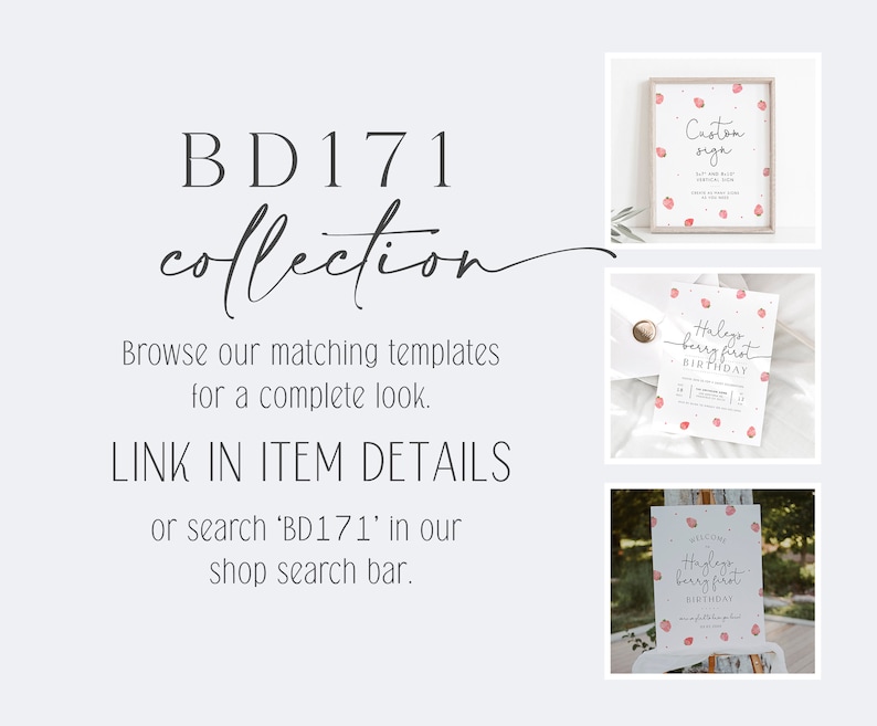 Op de afbeelding: Een digitale download voor een printbare verjaardagsfeestcollectie met een aquarel-bessen thema. De collectie bevat een welkomstbord, een bord met de tekst "Croton Siga" en een verjaardagsuitnodiging met de tekst "Haley's Berry First Birthday".
