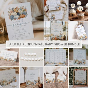 Blue Little Pumpkin is On the Way Baby Shower Invitation BUndle, Blue Fall Baby Shower Invitation Suite, Dusty Blue Pumpkin Printable, BD191