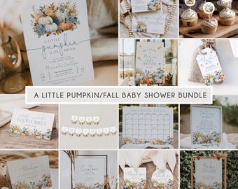 Blue Little Pumpkin is On the Way Baby Shower Invitation BUndle, Blue Fall Baby Shower Invitation Suite, Dusty Blue Pumpkin Printable, BD191