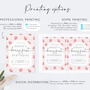 Op de afbeelding: Printbare uitnodiging voor een eerste verjaardagsfeest met een aardbeien thema. De uitnodiging heeft een roze achtergrond met witte stippen en aquarel aardbeien. De tekst op de uitnodiging luidt "Vier met ons Hayleys eerste verjaardag, een bes feest".