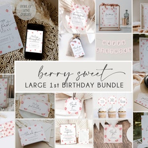 Berry First Birthday Invitation Bundle, Strawberry 1st Birthday Invite Suite, Girls 1st Birthday Invitation, Printable Invite, Evite, BD171