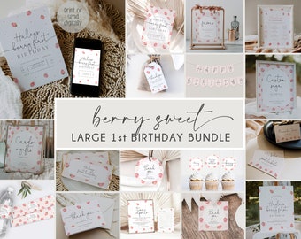 Berry First Birthday Invitation Bundle, Strawberry 1st Birthday Invite Suite, Girls 1st Birthday Invitation, Printable Invite, Evite, BD171