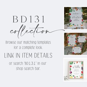 May include: A set of printable baby shower invitations with a watercolor illustration of vegetables. The invitation includes the text "Welcome to Ainsby's Baby Shower".