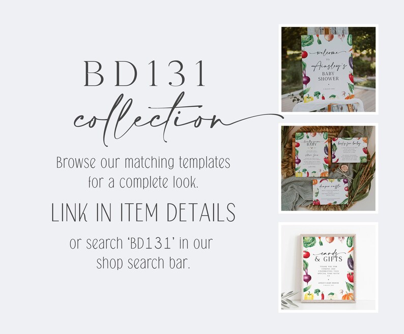 May include: A set of printable baby shower invitations with a watercolor illustration of vegetables. The invitation includes the text "Welcome to Ainsby's Baby Shower".