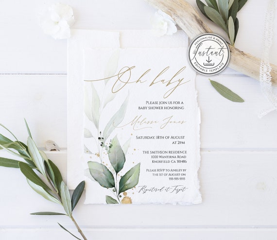 Baby Shower Editable Invitation Template, Oh Baby Boho Baby Shower, Gender Neutral, Printable Invitation Watercolor Greenery Faux Gold, BD51