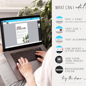 May include: A laptop computer displaying a digital template for a printable details card with a forest scene. The text on the screen reads "editable details card". The image also shows a list of editable features for the template, including text, font, size, colour, alignment, line height, letter spacing, images, and background colour.