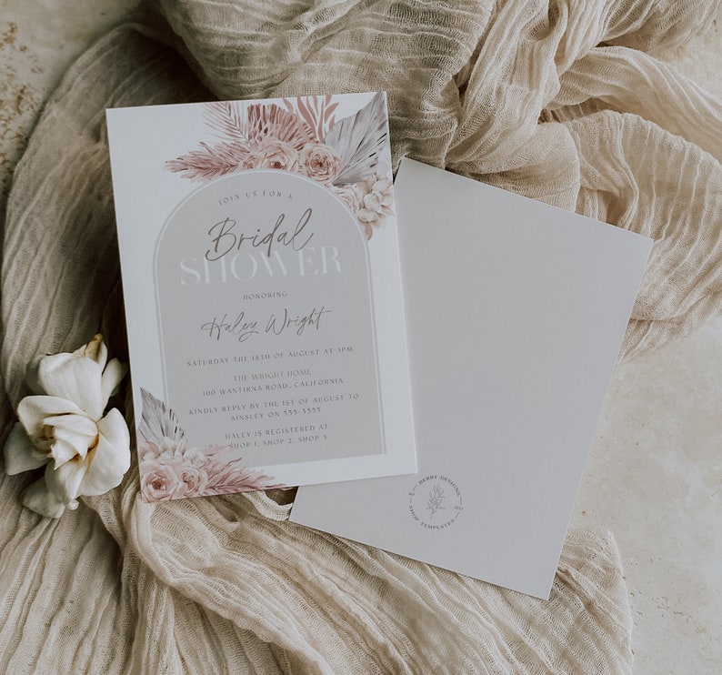 Boho Beige Arch Bridal Shower Invite, Floral Arch Editable Invitation, Instant Download, Fan Palms, Blush Florals, Printable Invite, BD145 image 2