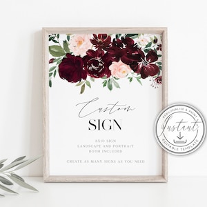 Burgundy Wedding Custom Sign, Editable Template, Instant Download, Printable Sign, Rustic Wedding Sign, Personalised Sign - BD86