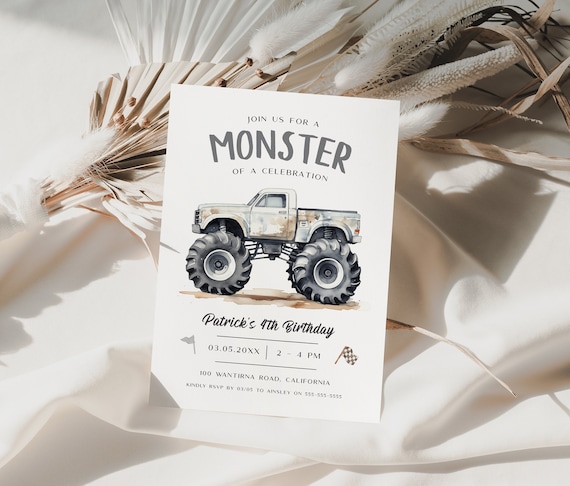 Editable Monster Truck Birthday Invitation, Monster Truck Invite, Grey Monster Truck Party Invite, Boys Birthday Party Invite, Evite, BD199