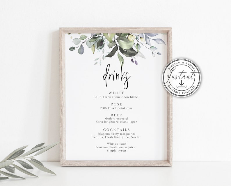 Eucalyptus Sign Watercolor Greenery Drinks Sign Template Bar Menu Sign Rustic Wedding Signage Printable Sign- BD90 Instant Download