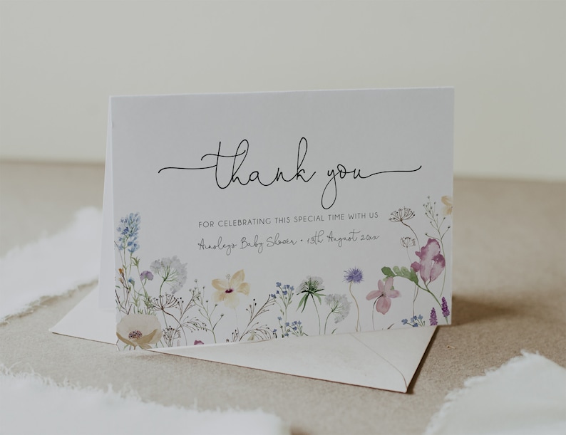 Wildflower Thank You Card Template, Wildflower Birthday Thank You Card, Spring Flowers Bohemian Shower Thank You Card, Printable, BD172 image 2