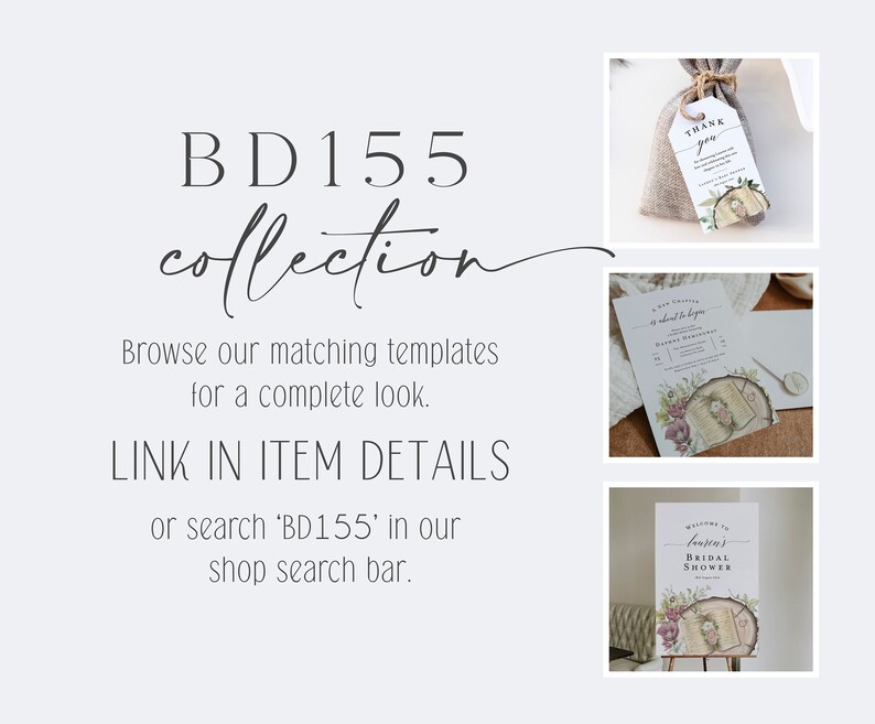 May include: A set of printable bridal shower templates with a rustic theme. The design features a woodgrain background with floral accents and the text "Louin's Bridal Shower".