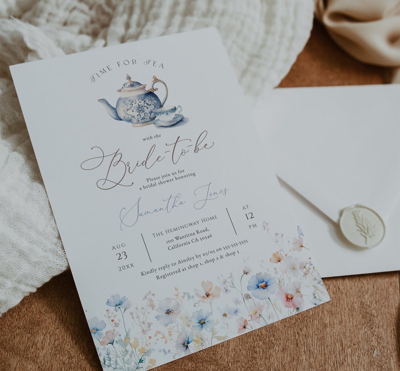 Dusty Blue Tea Party Bridal Shower Invitation, Blue Wildflower Tea Party Editable Invite, Modern Floral Tea for the Bride-to-be, BD205 image 3