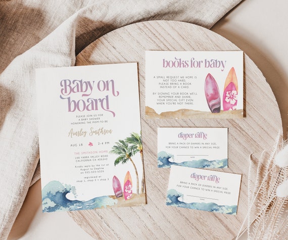 Baby on Board Invitation Suite, Pink Surf Beach Baby Shower Editable Invitation Bundle, Summer Baby Shower, Printable, Shower Evite, BD160