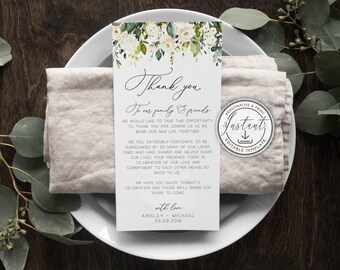 May include: A white card with green floral accents and the text "Thank you to our family & friends" with a message expressing gratitude for joining the couple on their wedding day. The card also includes the date "03.09.2019".