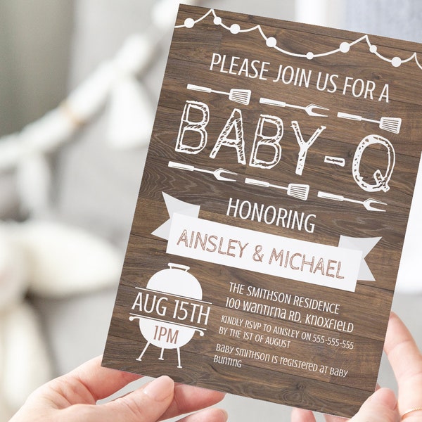 Baby BBQ Editable Invitation Template, BABY-Q Baby Shower Invite, Barbecue, Instant Download, Rustic, Baby Brunch, Bunting, Printable, Joint