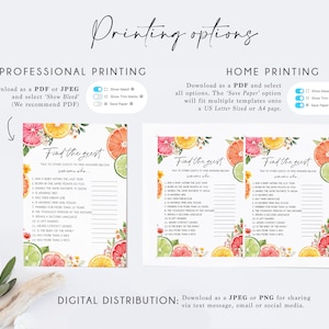 Peut inclure: Un jeu imprimable "Trouvez l'invit&eacute;" sur le th&egrave;me des agrumes. Le jeu pr&eacute;sente une illustration aquarelle de citrons, de limes et de pamplemousses avec des fleurs roses. Les instructions du jeu sont "Parlez aux autres invit&eacute;s pour trouver les r&eacute;ponses ci-dessous. Trouvez l'invit&eacute; qui..."