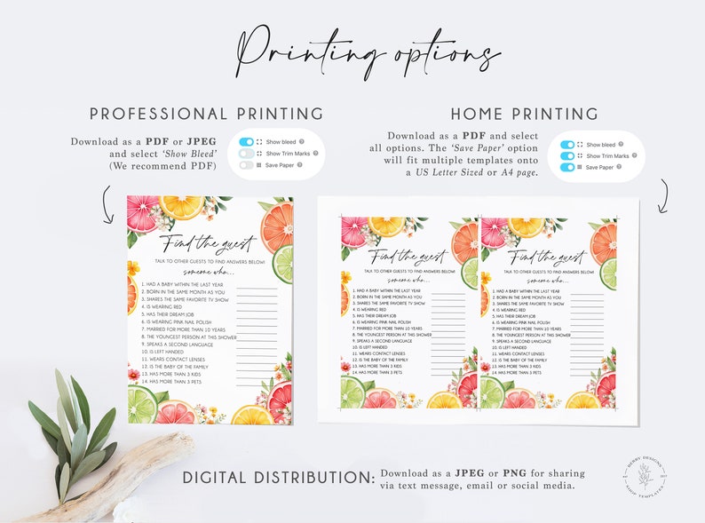 Peut inclure: Un jeu imprimable "Trouvez l'invit&eacute;" sur le th&egrave;me des agrumes. Le jeu pr&eacute;sente une illustration aquarelle de citrons, de limes et de pamplemousses avec des fleurs roses. Les instructions du jeu sont "Parlez aux autres invit&eacute;s pour trouver les r&eacute;ponses ci-dessous. Trouvez l'invit&eacute; qui..."