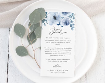 Dusty Blue Wedding Thank You Note Template, Rustic Blue Floral Wedding Place Setting Thank You, Table Card, Editable Instant Download - BD93