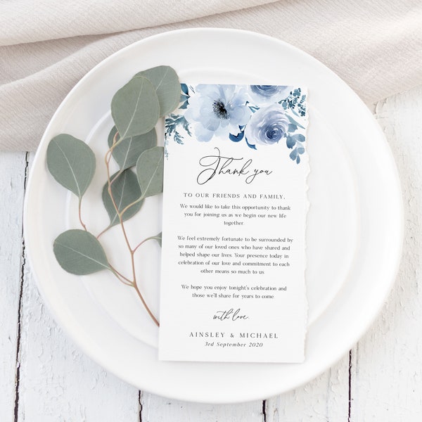 Dusty Blue Wedding Thank You Note Template, Rustic Blue Floral Wedding Place Setting Thank You, Table Card, Editable Instant Download - BD93