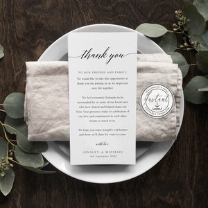 Plantilla rústica de agradecimiento para boda, rústica, agradecimiento por la decoración de mesa, tarjeta de mesa, editable, descarga instantánea, boda bohemia, BD72