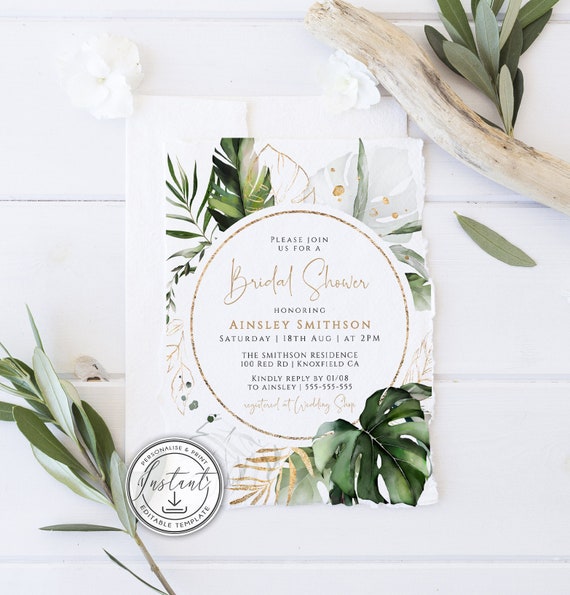 Tropical Bridal Shower Editable Invitation Template, Greenery Bridal Shower Invite, Printable, Instant Download, Botanical, Faux Gold, BD59