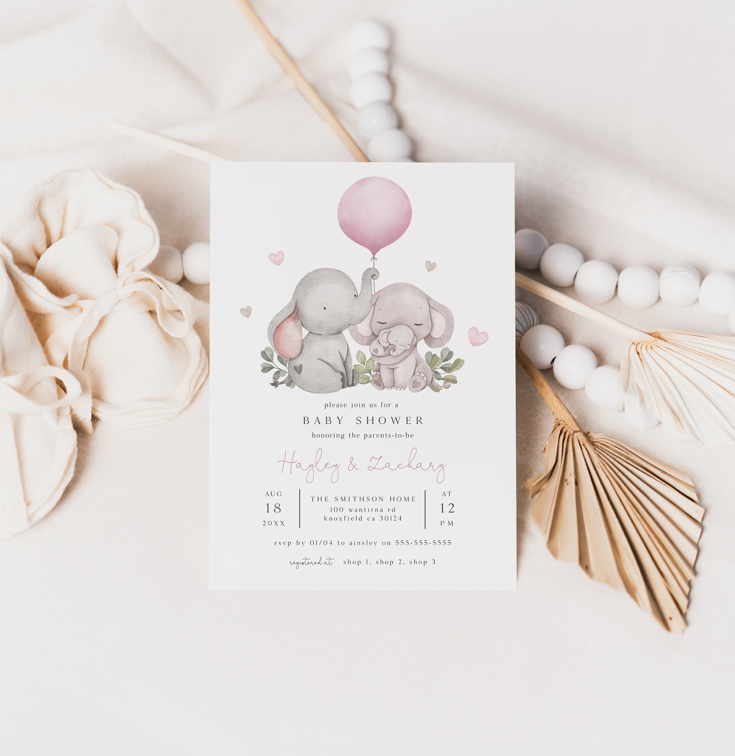 Girl Elephant Baby Shower Invitation Template, Pink Couple's Elephant Baby Shower Invite, Pink Balloon Baby Shower, Printable Invite, BD179