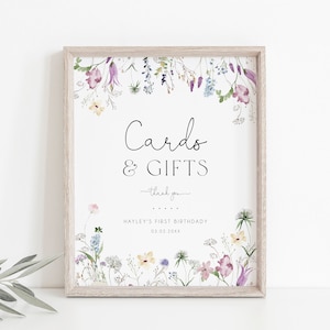 Wildflower Cards & Gifts Sign Template, Floral Girl 1st Birthday Signage, Flower Sign, Wildflower Birthday Party Decor, Girls Birthday BD172