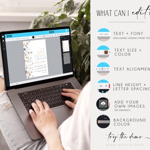 May include: A laptop screen shows a baby shower invitation template with a floral design. The text on the screen reads "Baby Shower". The image also shows a list of editable features for the template, including text, font, size, color, alignment, line height, letter spacing, background color, and the ability to add images.