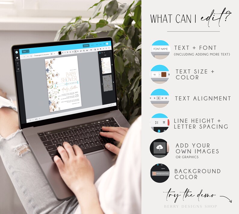 May include: A laptop screen shows a baby shower invitation template with a floral design. The text on the screen reads "Baby Shower". The image also shows a list of editable features for the template, including text, font, size, color, alignment, line height, letter spacing, background color, and the ability to add images.